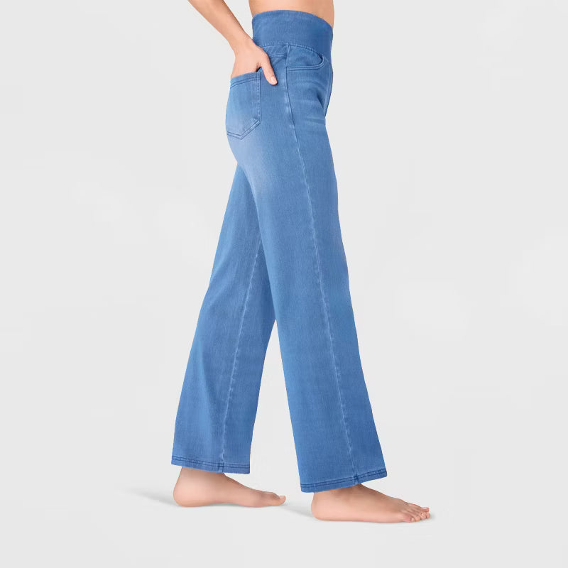Damen-Strickjeans mit hoher Taille, weitem Bein, dehnbar (Stretch), mit Vorder- und Gesäßtaschen
