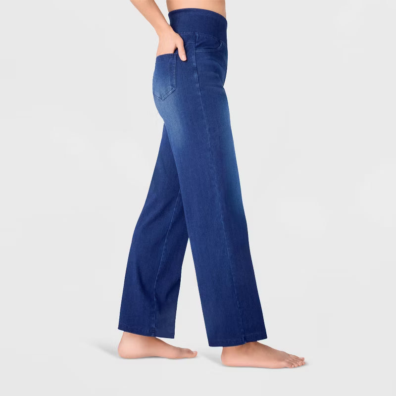 Damen-Strickjeans mit hoher Taille, weitem Bein, dehnbar (Stretch), mit Vorder- und Gesäßtaschen