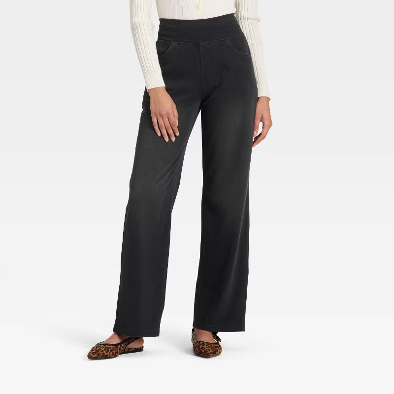 Damen-Strickjeans mit hoher Taille, weitem Bein, dehnbar (Stretch), mit Vorder- und Gesäßtaschen
