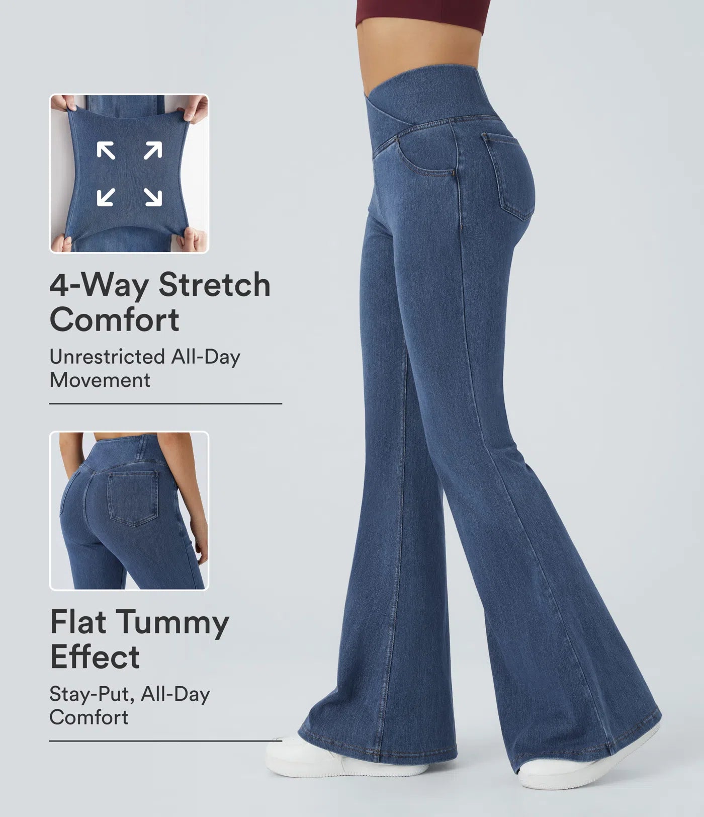 Lässige Jeans mit hoher Taille, überkreuzten Taschen (Crossover) und Waschung